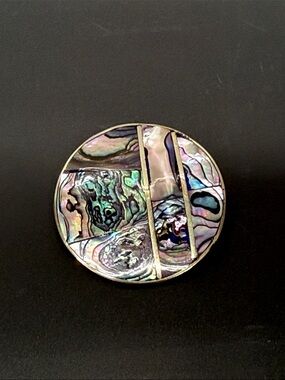 Round Abalone Shell Inlay Brooch — Iridescent Multi-Color